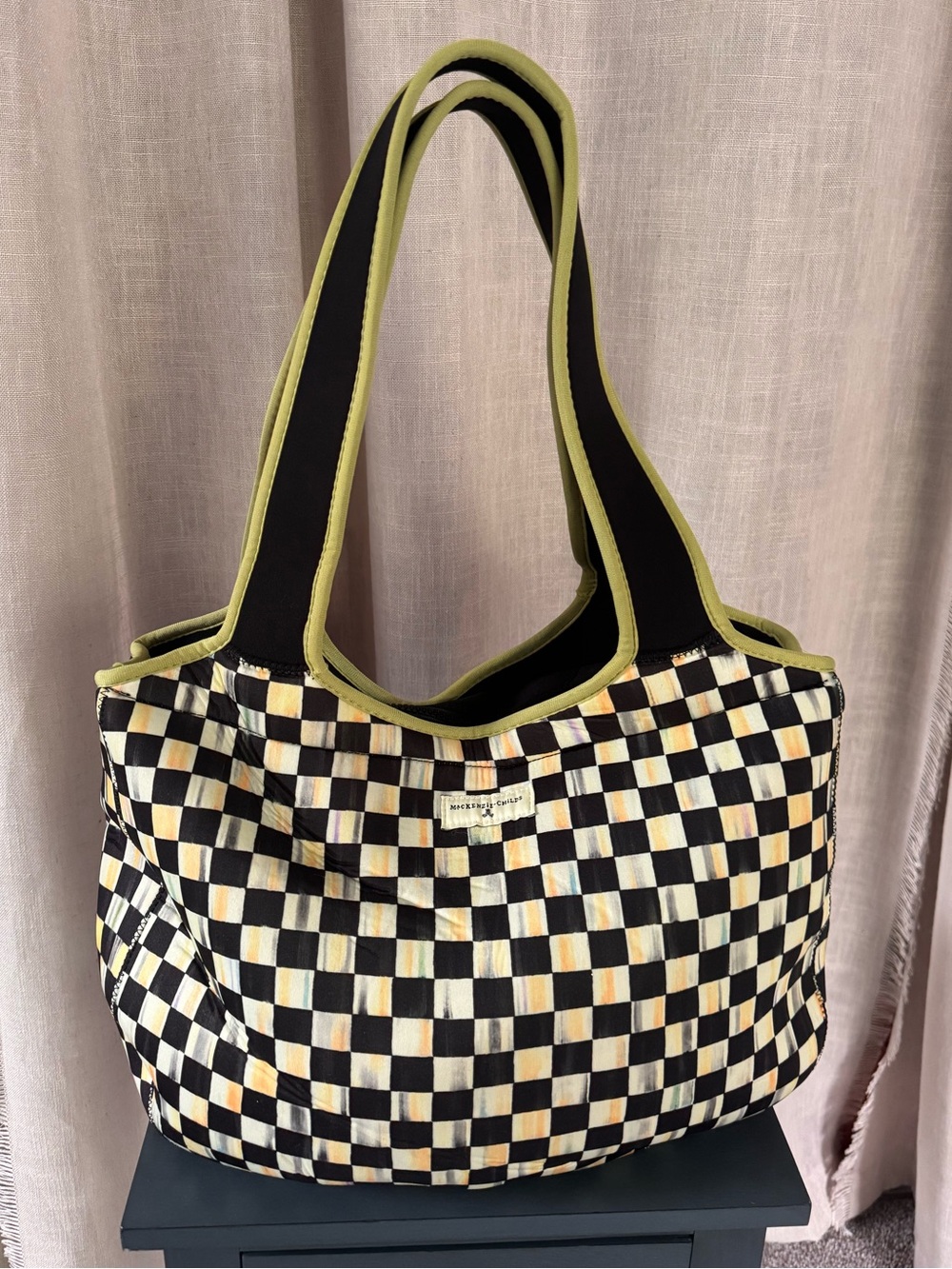 MacKenzie-Childs Neoprene black and green Courtly Check carryall tote bag